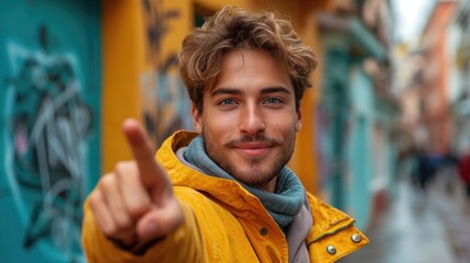 Sticker - Portrait of young man pointing index finger at camera 