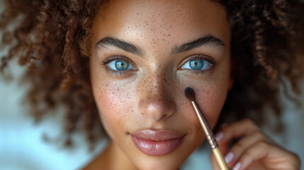 Wall Mural - beautiful woman with curly hair and freckles on her face applies makeup at home using a brush