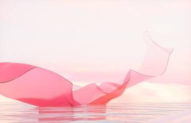 Aufkleber - Romantic podium with red crystal silk on winter landscape background. 3d rendering.