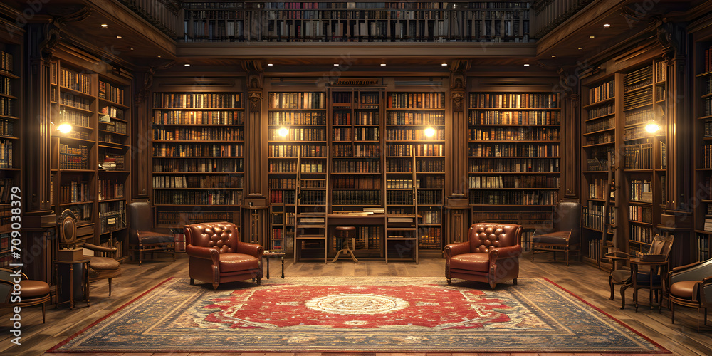 Interior of an old library with lots of books and vintage furniture ...