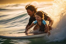 Father And Son Catch A Wave Together, The Thrill Of Surfing Bonding Them In The Golden Sunlight, Blurred Background