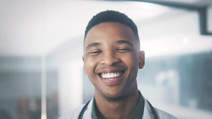 Poster - Black man, doctor and face in hospital, confident and employee for healthcare, workplace and smile. Medicare, happiness and professional in medical career, job and person for medicine or worker