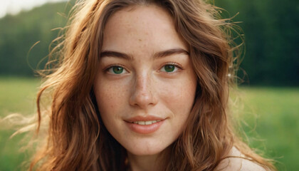 Young Freckled Brunette with Beaming Smile and Green Eyes - Headshot Portrait in Soft Light