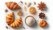 Pastries In The Top View With Croissants Delicious Dessert Set Apart Against A White Background