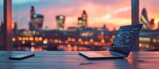 Poster - Blurred London city background with laptop and smartphone on wooden office table.