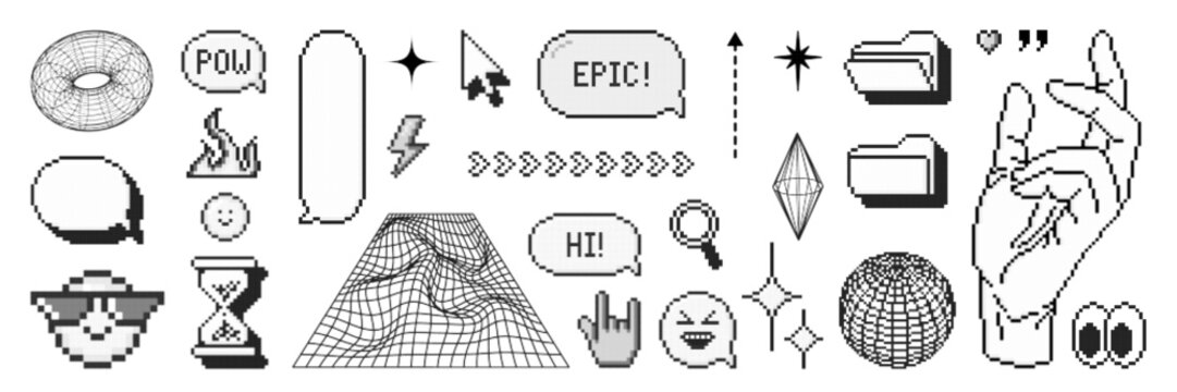 Set of pixel graphic shape and wireframe models. Halftone y2k design elements. Trendy vector illustration. 