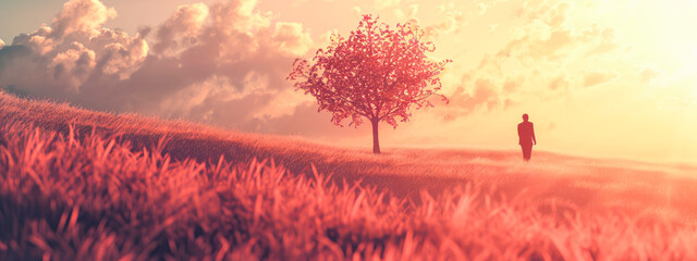 a man standing in a field with a tree