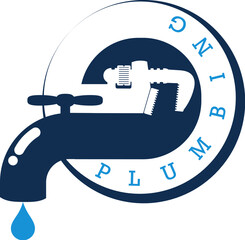 Wall Mural - Water tap with a drop of water and a wrench. Symbol for plumbing and plumbing master