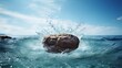 Photograph of stone jumping out of the middle of the ocean with a splash - Generative AI