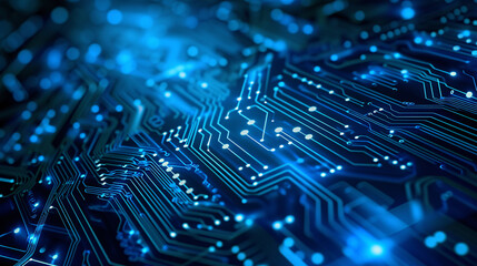 Electronic circuit board close-up computer chip, blue cyber circuit future technology concept background