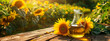 Sunflower oil on a table in the garden. Selective focus.