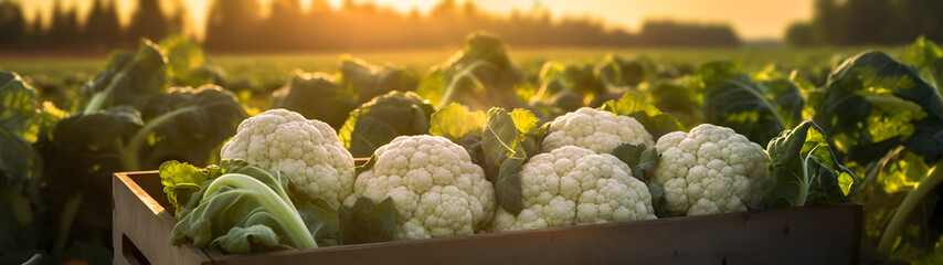 Cauliflower harvested in a wooden box with field and sunset in the background. Natural organic fruit abundance. Agriculture, healthy and natural food concept. Horizontal composition, banner.