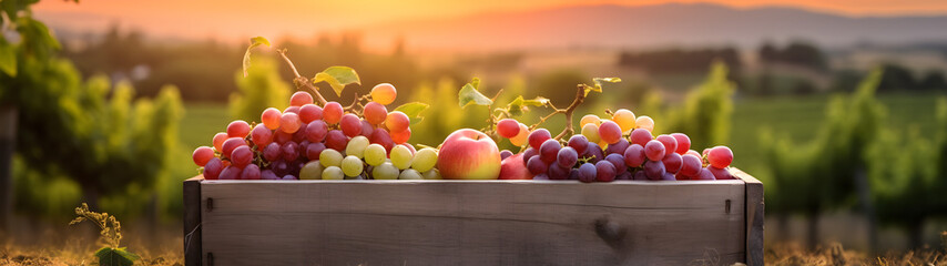 Wall Mural - Various kinds of fruits harvested in a wooden box in an orchard with sunset. Natural organic fruit abundance. Agriculture, healthy and natural food concept. Horizontal composition, banner.