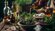 Tinctures of flowers and herbs, alternative medicine. Selective focus.