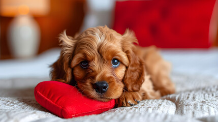 Wall Mural - Cocker Spaniel puppy is lying on a red heart-shape pillow on the white bed 