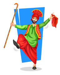 A Punjabi Bhangra dancer with bhangra props khunda or daang performing a folk dance step with hand gestures. Vector illustration isolated on white. Playing Lohri or Baisakhi dance