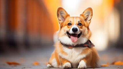 Corgi dog with orange scarf on orange background	