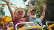 Elderly senior couple traveling at an amusement park, roller coaster Vikings joyful, Elderly society, father and mother travel