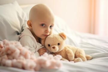 Little girls without hair with cancer in hospital bed