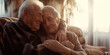 Rentner Ehepaar Gesichter beim glücklichen liebevollen umarmen sind glücklich Porträt, ai generativ