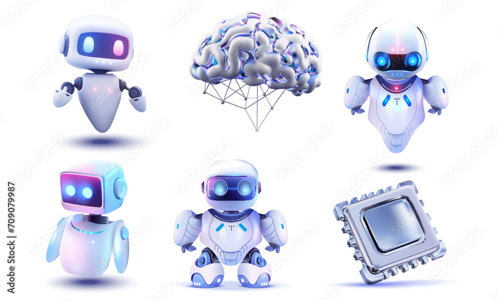 Futuristic Set of AI Robots and Digital Brain Concept on a Blue ...