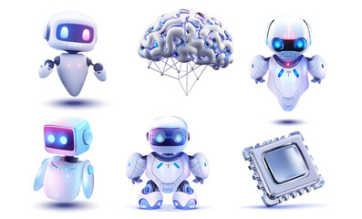 Futuristic Set of AI Robots and Digital Brain Concept on a Blue Background. AI robot bot. Chat, chatbot technology, 3d vector illustration artificial icon 