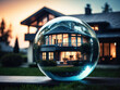 © Ольга Симонова - Glass globe with tiny modern house inside near big real cozy house with lights in windows in summer evening. Internal climate, ecosphere. Insurance, mortgage, real estate dream house