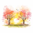 Aquarell von Bäumen mit blühenden Blumen im warmen Licht der aufgehenden Frühlingssonne Illustration