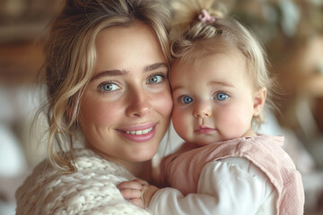 Portrait of a mother holding her little daughter in her arms