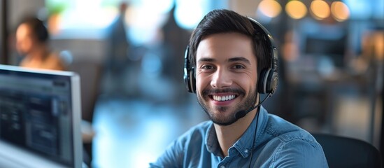 Poster - Male call center employee in his youth working at a desk.