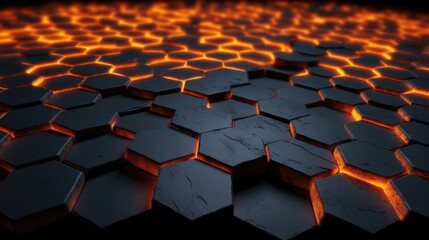 Poster - Screensaver or background of gray hexagons with orange hot lava between them. AI generative.