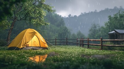 Wall Mural - Camp tent on green grass forest beautiful view nature