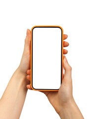 Poster - Mobile phone screen mockup in case. Hand holding cellphone display mock up isolated on white
