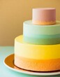 Immagine verticale torta a piani colorata rosa gialla e azzurra generato con ai