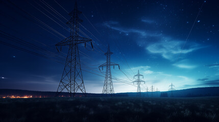 High voltage transmission towers at night. High voltage energy infrastructure concept. Transmission lines.