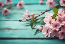 Spring Floral Background Fresh Pink Cherry Flowers On Turquoise Vintage Wooden Background Close-up M