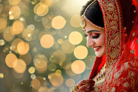 a happy indian bride wearing traditional red attire bokeh style background