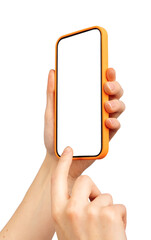 Poster - Finger tapping, clicking on mobile phone screen mockup, smartphone mock up, angle, isolated on white