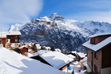 Wall Mural - murren village, switzerland. winter mountain landscape. village among the mountains. chalets and vac