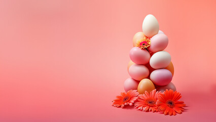 Wall Mural - A Vibrant Display of Pastel-Colored Easter Eggs Stacked Elegantly Amidst Blooming Orange Flowers Against a Soft Pink Background. Banner with copy space