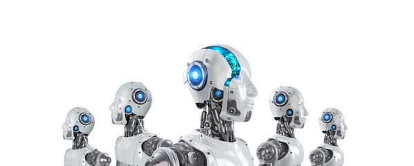 Poster - Group of Artificial Intelligence Robots with digital graphic Brain Engine inside Head Isolated on transparent background, png file, 3D rendering
