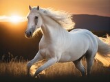 Fototapeta Konie - portrait of a white horse with long hair blowing in the wind at sunset
