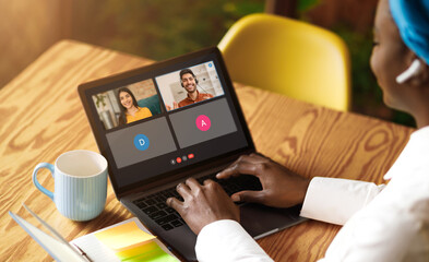 Poster - Black woman worker have webcam group conference with her coworkers