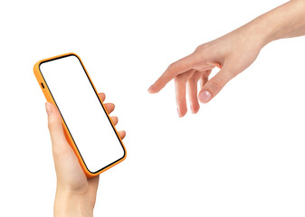 Wall Mural - Finger reaching to tap mobile phone screen mockup. Smartphone mock up in hand isolated on white