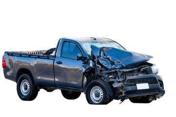 Wall Mural - Full body fo Front and Side view black pickup truck car get damaged by accident on the road. damaged cars after collision. isolated on transparent background, Car and casualty insurance, PNG File