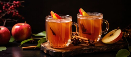 Wall Mural - Homemade apple punch with fresh ingredients, served in cups on a dark background. A warm, healthy drink that encapsulates a cozy atmosphere.