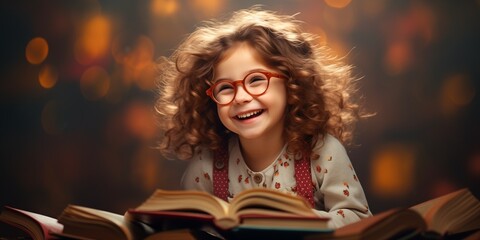 Sticker - funny smiling child school girl with glasses hold books