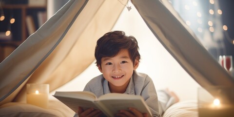 Sticker - A cute little boy reading a book