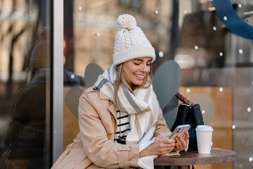 Wall Mural - stylish woman walking in winter street