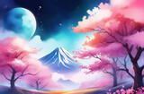 Fototapeta Sport - Cherry blossoms against the background of the night sky and Mount Fuji